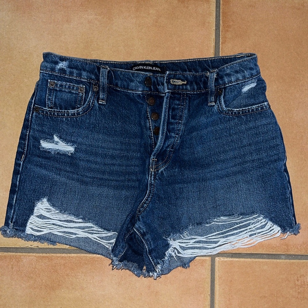 Blue denim ripped distressed Calvin Klein Jeans shorts